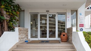A hotel entrance with a stone wall, a large potted plant, and a doormat. - Hotiday Gallipoli Centro (Gallipoli)