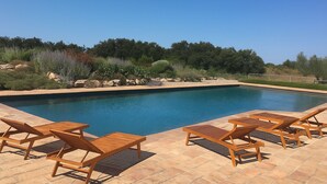 Une piscine dotée de chaises longues et d’un espace aménagé avec des arbres et des arbustes.