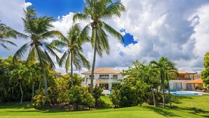 Una casa con piscina, rodeada de palmeras y un césped bien cuidado.