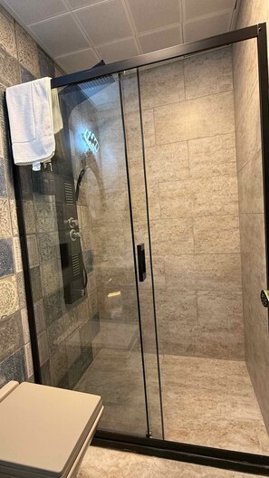 Deluxe driepersoonskamer, uitzicht op de binnenplaats | Badkamer | Een douche, een haardroger, handdoeken, zeep