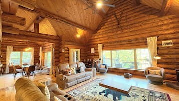 Smart TV, fireplace, foosball, books