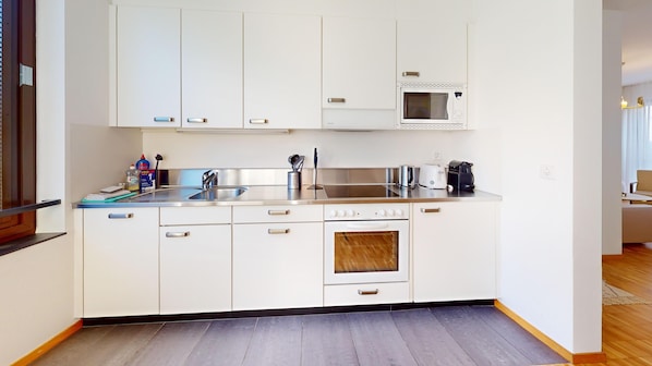 Deluxe Apartment, Balcony | Private kitchen | Fridge, microwave, oven, stovetop