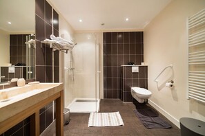 A modern bathroom with a glass shower enclosure, a white toilet, and a vanity with a mirror.