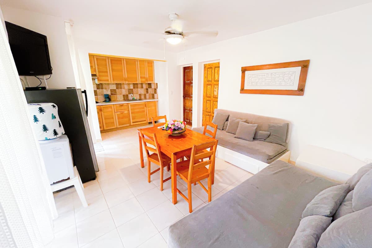 Un espacio habitable compacto con comedor, kitchenette y sofá.