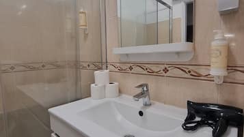 Familie appartement | Badkamer | Een douche, gratis toiletartikelen, een haardroger, handdoeken