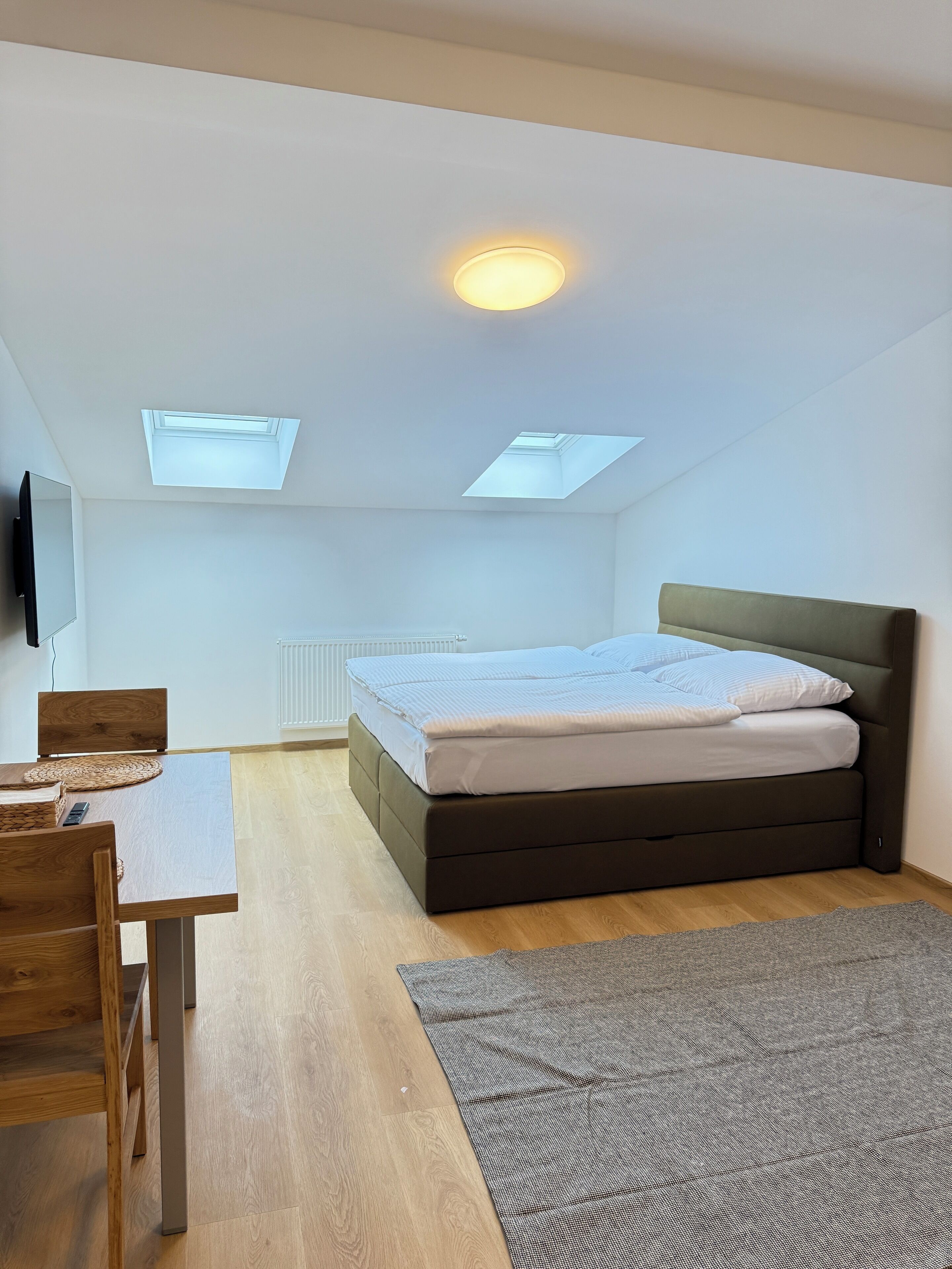 A bedroom with a bed, a desk, and a chair. There are skylights on the ceiling.