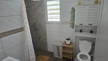 A modern bathroom with a shower, toilet, and sink.