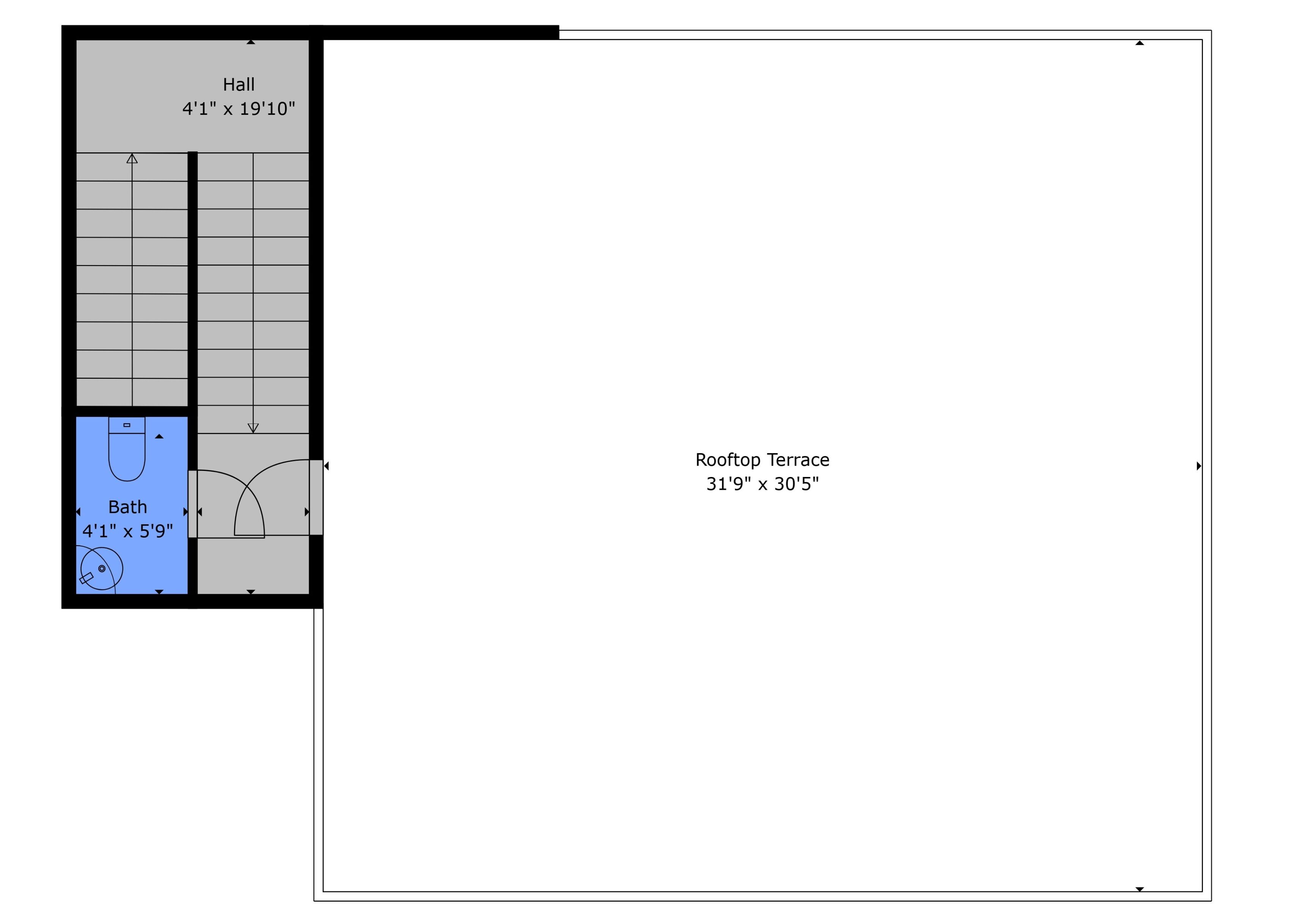Pianta dei pavimenti con un Ingresso di 1,27 m x 5,97 m, un Bagno di 1,27 m x 1,75 m e una Terrazza sul Tetto di 9,63 m x 9,14 m.