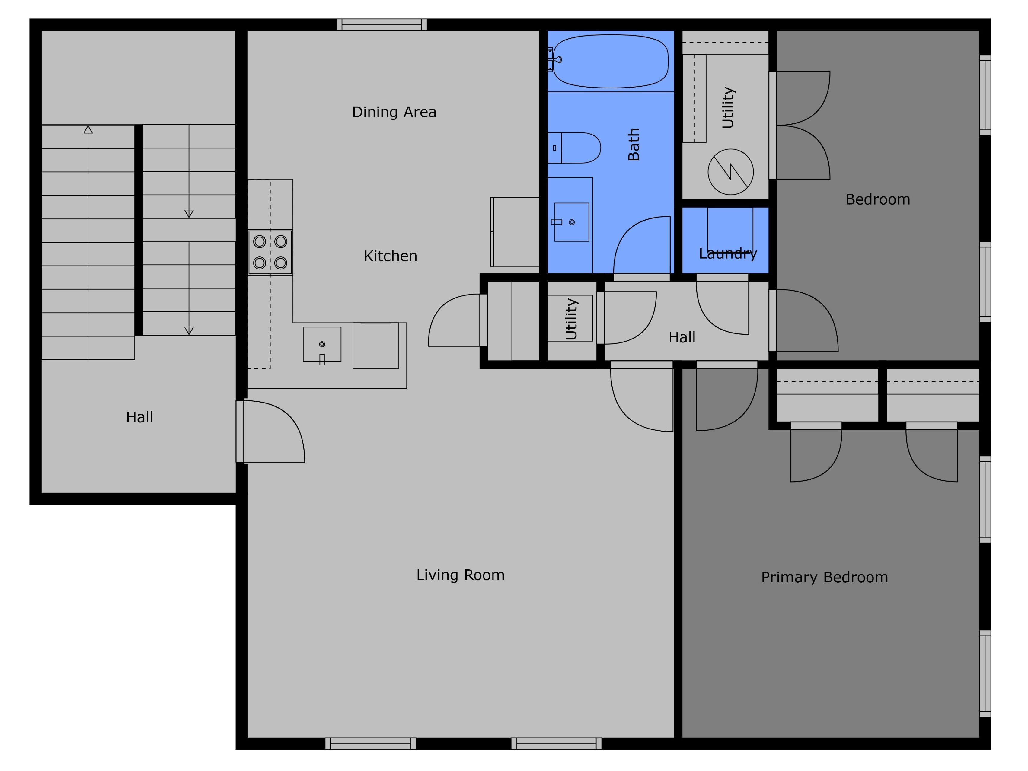Plano de planta que muestra un comedor, cocina, baño, lavandería, cuarto de servicio, pasillo, sala de estar y dormitorio principal.