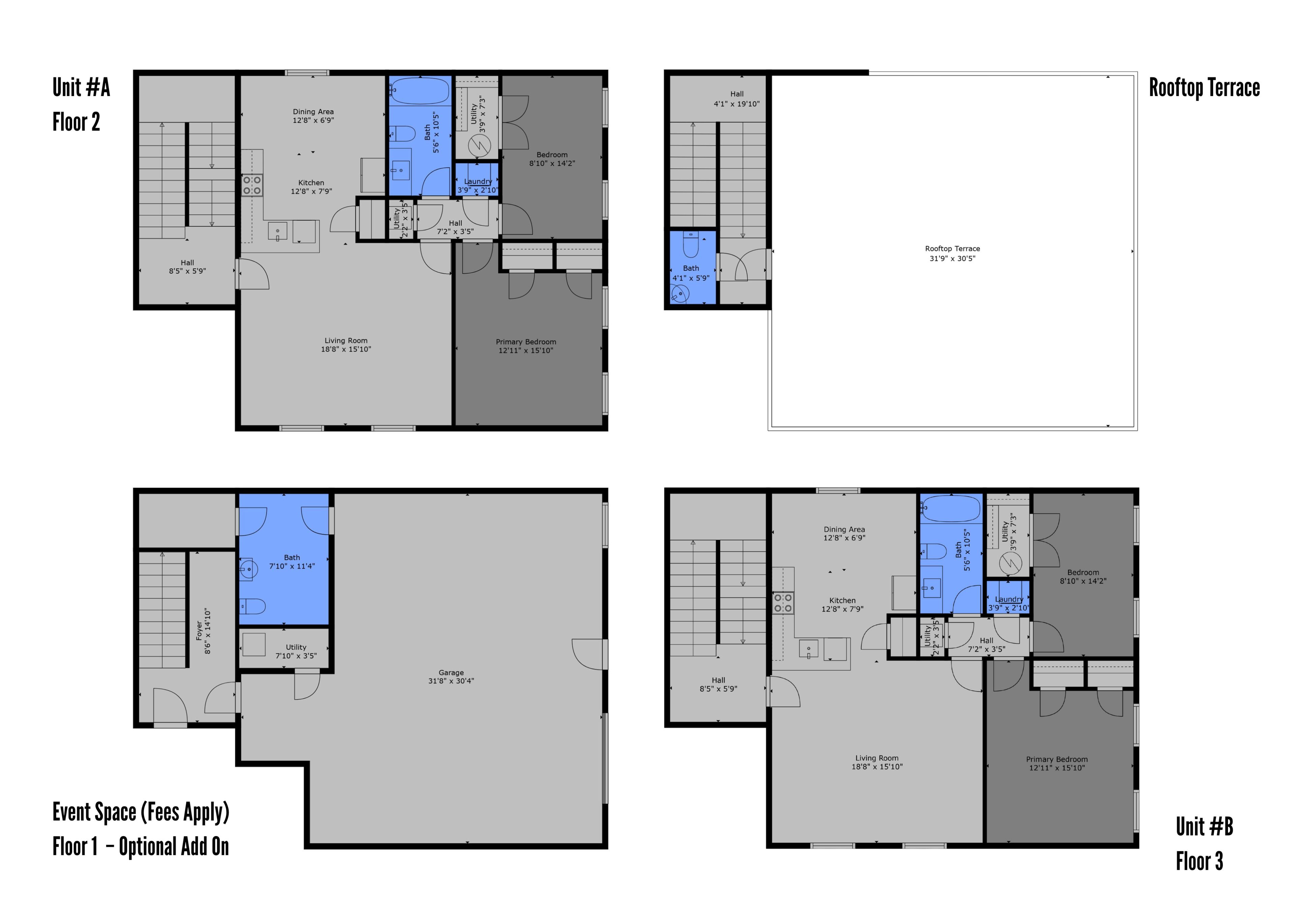 Floor plans for two units with living rooms, bedrooms, bathrooms, and a garage.