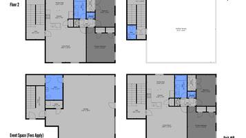 Floor plans for two units with living rooms, bedrooms, bathrooms, and a garage.