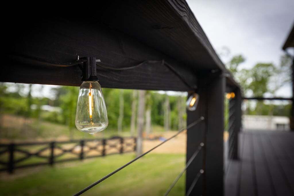 A hanging light bulb from a dark wooden structure with a view of a grassy area and trees in the background.