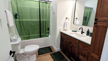 Hair dryer, towels, soap, toilet paper
