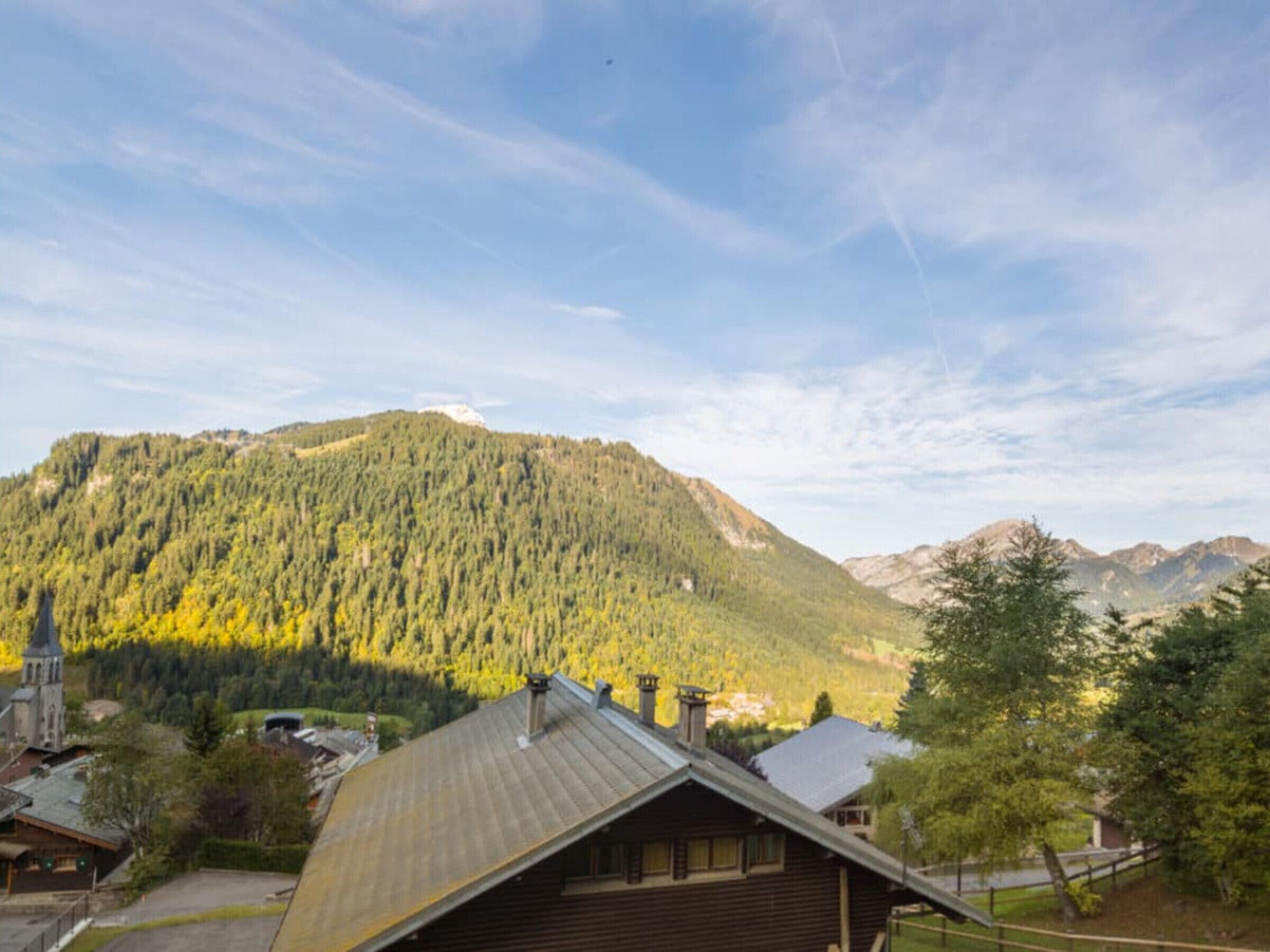 Une cabane en bois, dotée d’un toit en pente, nichée au cœur d’un paysage montagneux boisé.
