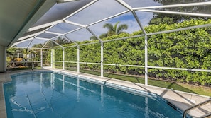 Une piscine dotée d’une enceinte en verre, entourée d’une végétation luxuriante et surplombée par un ciel dégagé.
