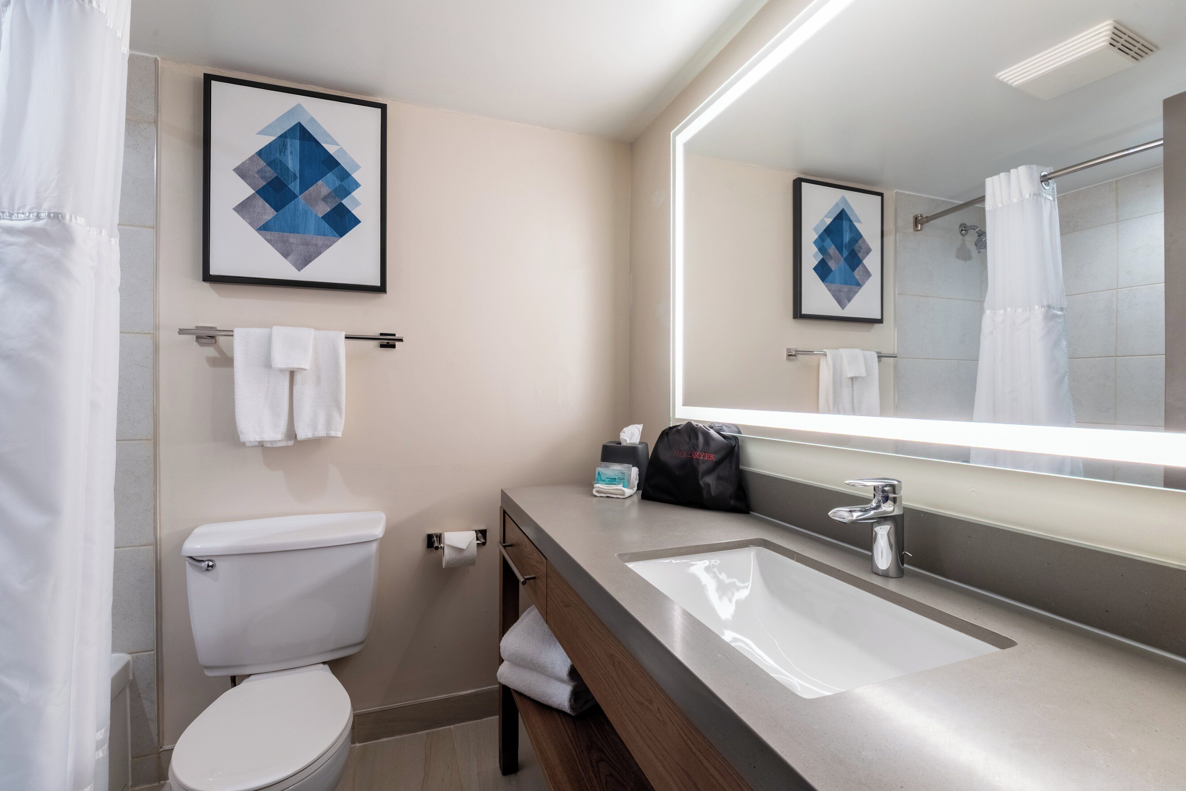 Un baño moderno con inodoro, lavamanos y ducha.