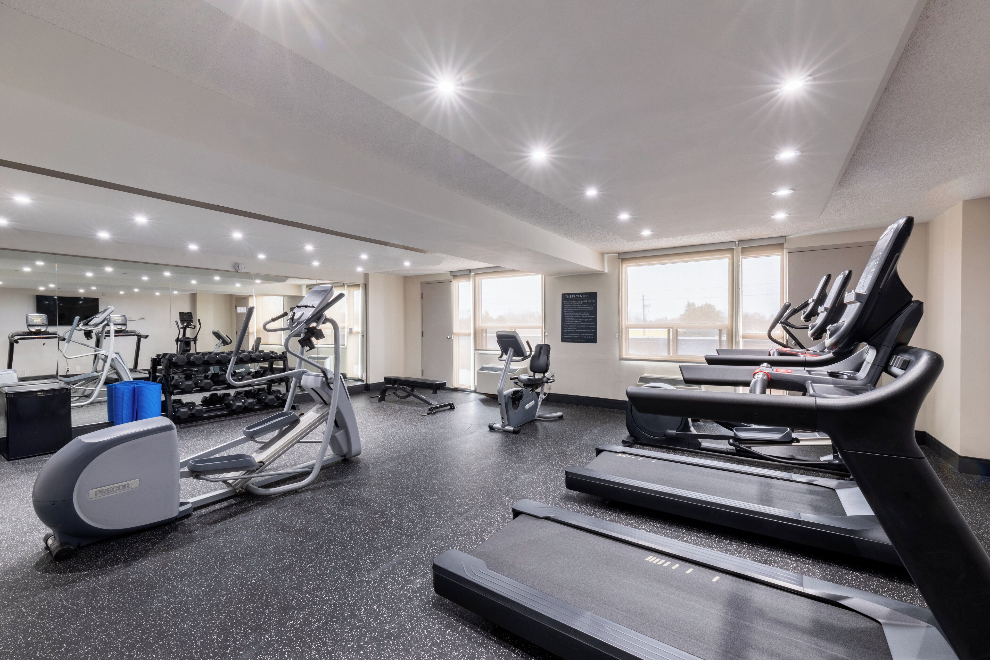 A gym with treadmills, elliptical machines, and free weights.