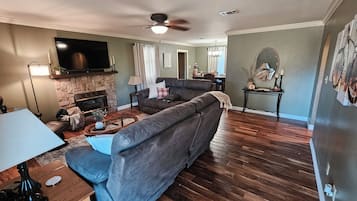 Smart TV, fireplace, books, music library