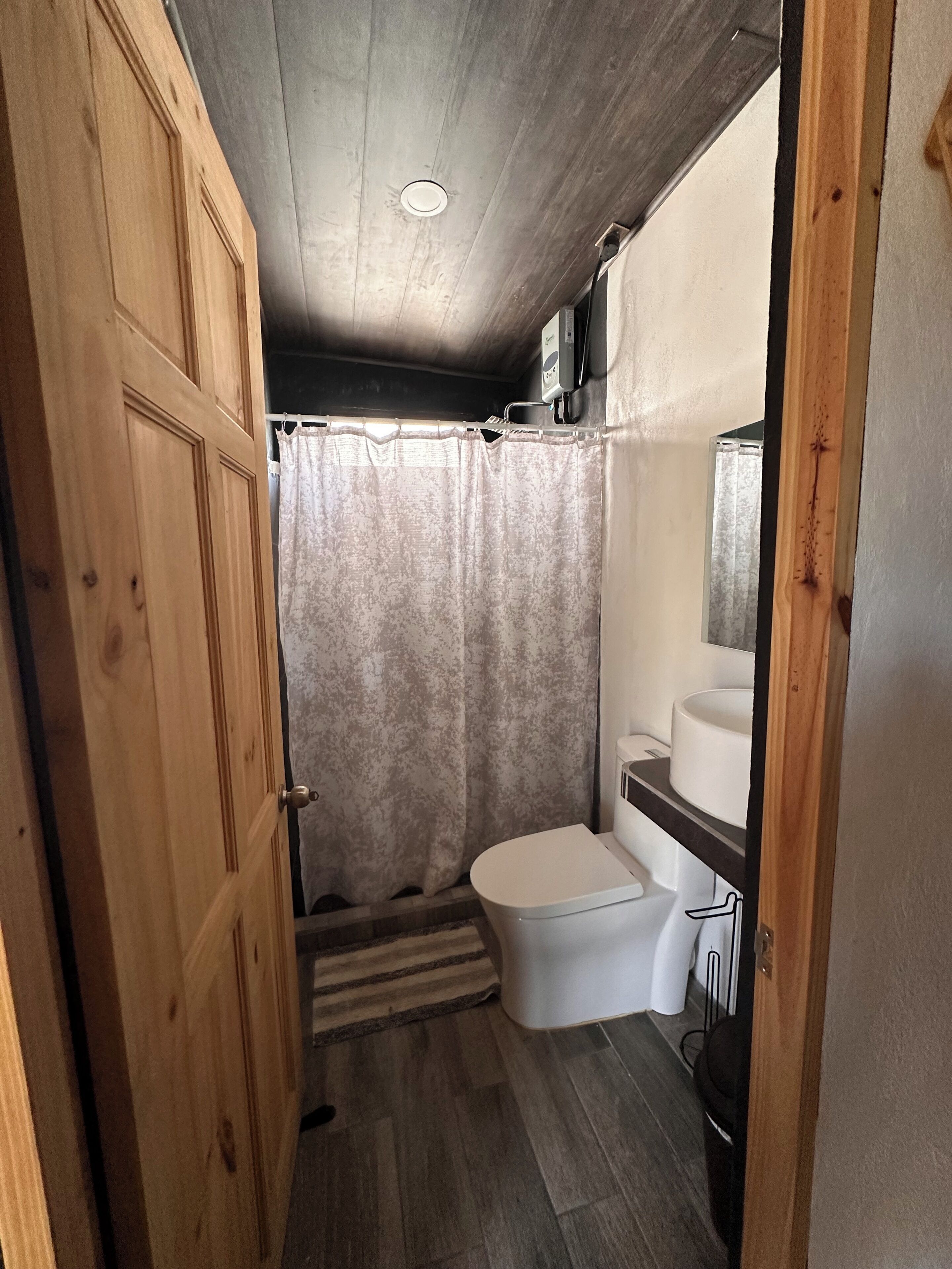 A compact bathroom with a wooden door, a shower curtain, a toilet, and a sink.