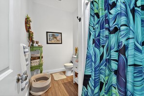 Hair dryer, towels, soap, shampoo