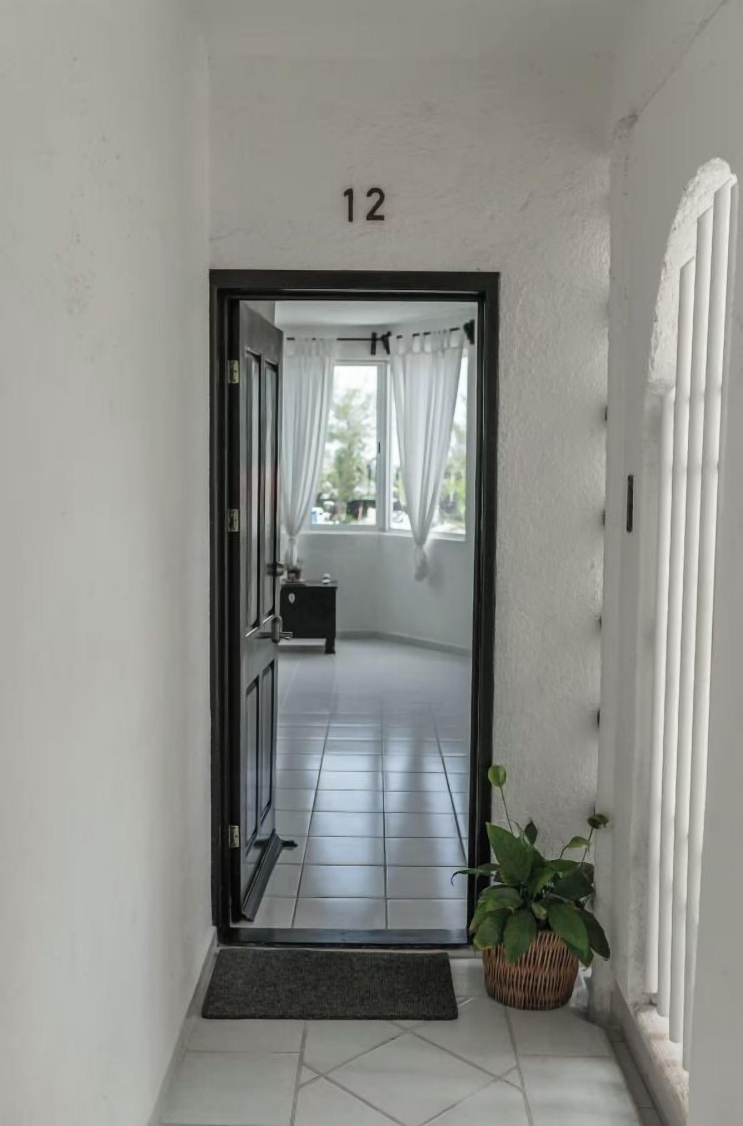 A hallway leading to a room with a view of a balcony. The room has a door labeled '12' and a potted plant near the entrance.