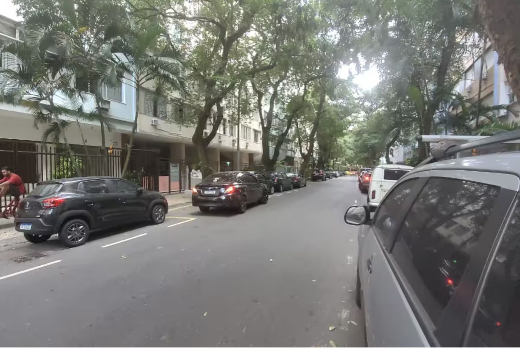 A street lined with parked cars and trees.