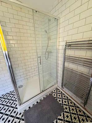 Regadera, toallas, papel de baño 