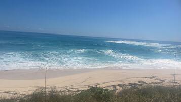 Ein Strand mit Wellen, blauem Himmel und etwas Vegetation im Vordergrund.