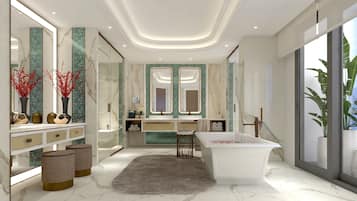 Penthouse Suite,1 King Bed, Ocean View (High Floor) | Bathroom | Separate tub and shower, hydromassage showerhead, free toiletries