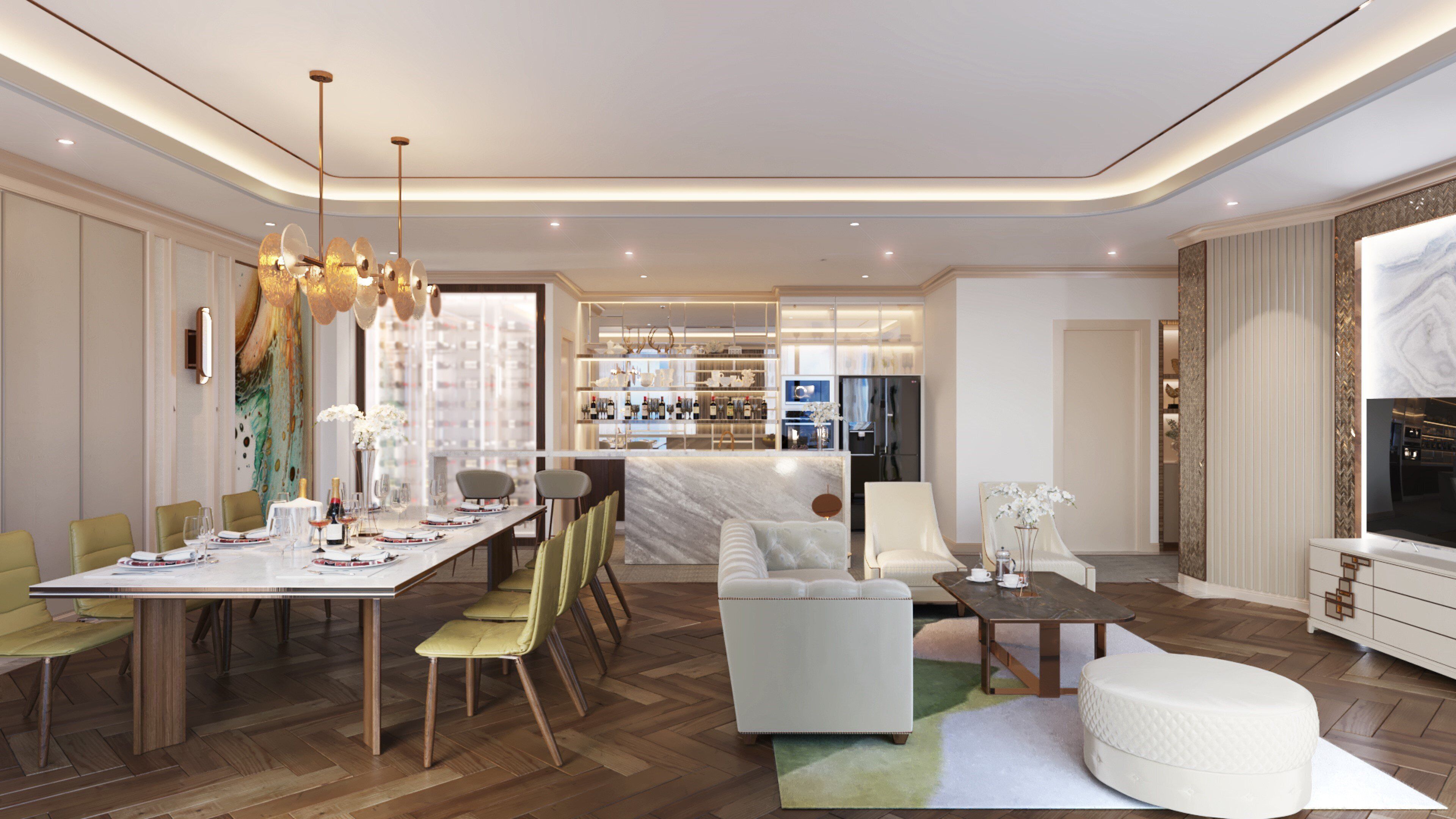 A modern living room with a dining area, a bar, and a seating area with a TV.