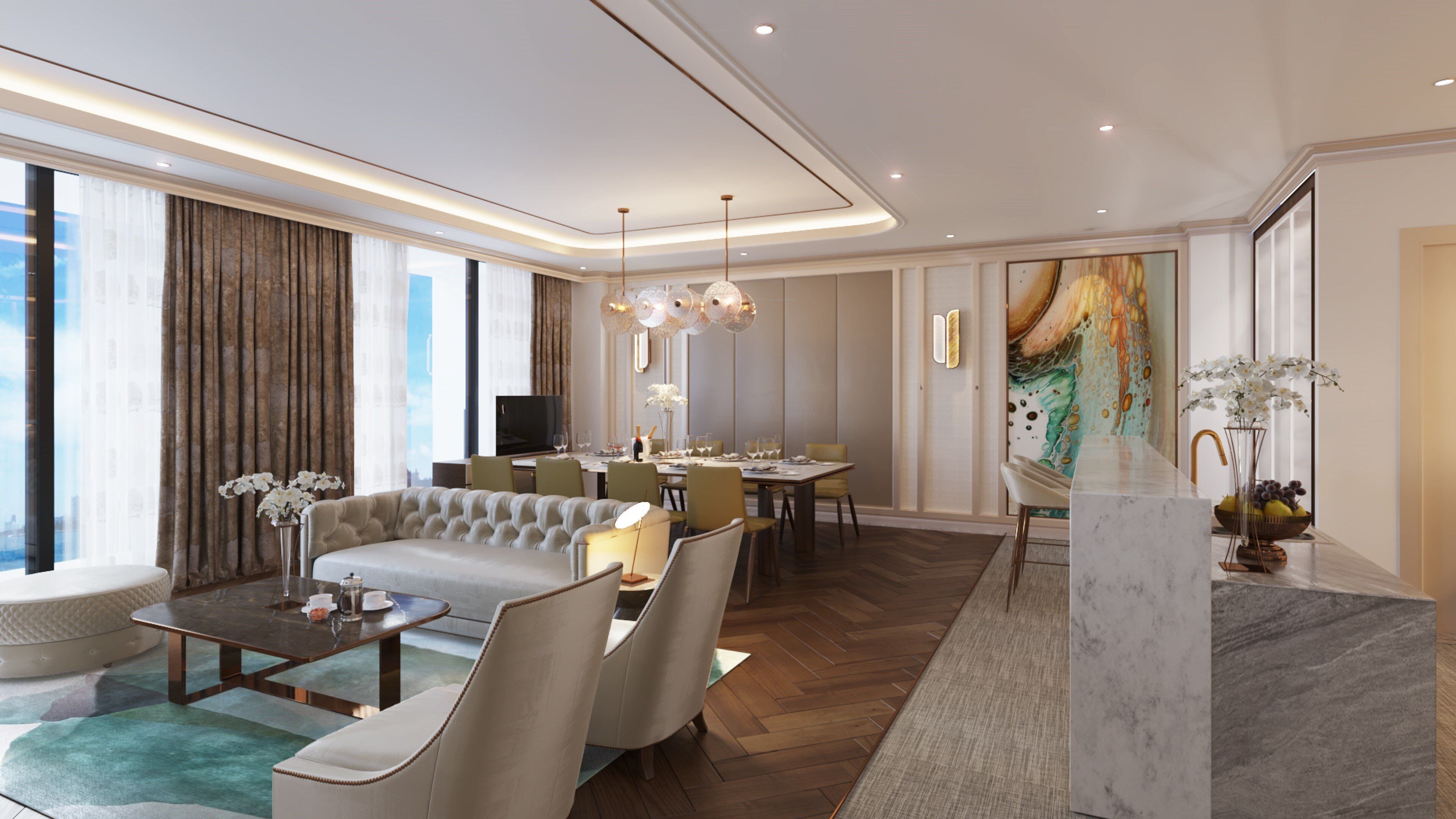 Penthouse Suite,1 King Bed, Ocean View (High Floor) | Living area | 55-inch LCD TV with digital channels, fireplace