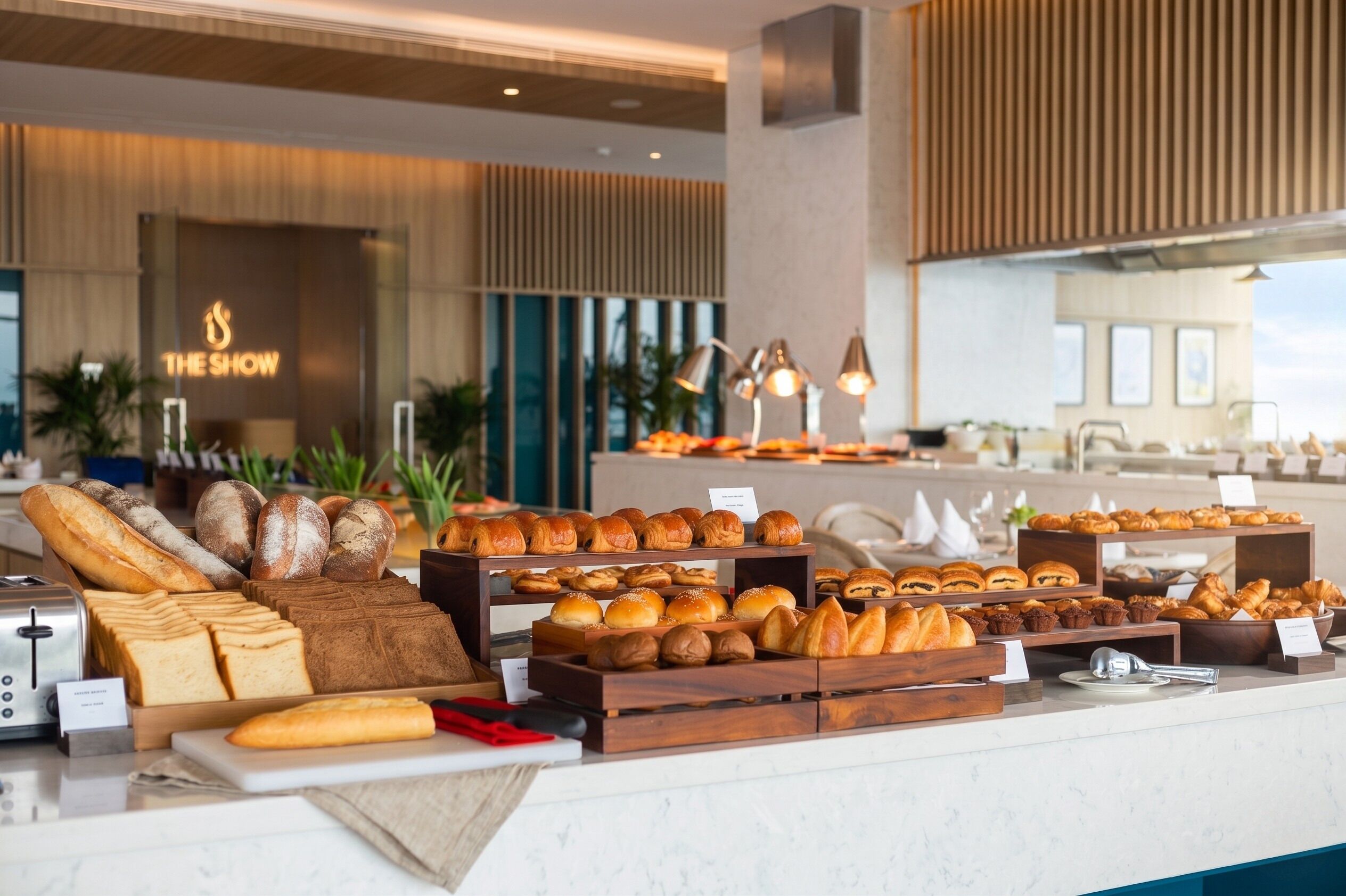 A bakery display with various breads and pastries.