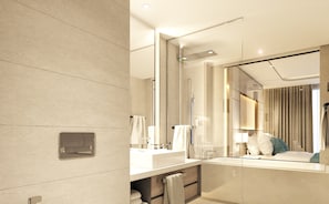 Separate bathtub and shower, hydromassage showerhead, free toiletries