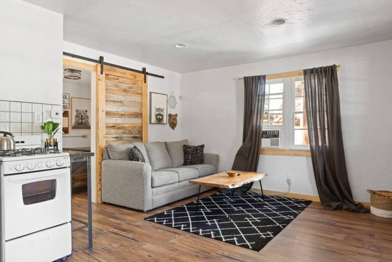 En kompakt opholdsstue med tekøkken, sofa, sofabord og et vindue med gardiner.
