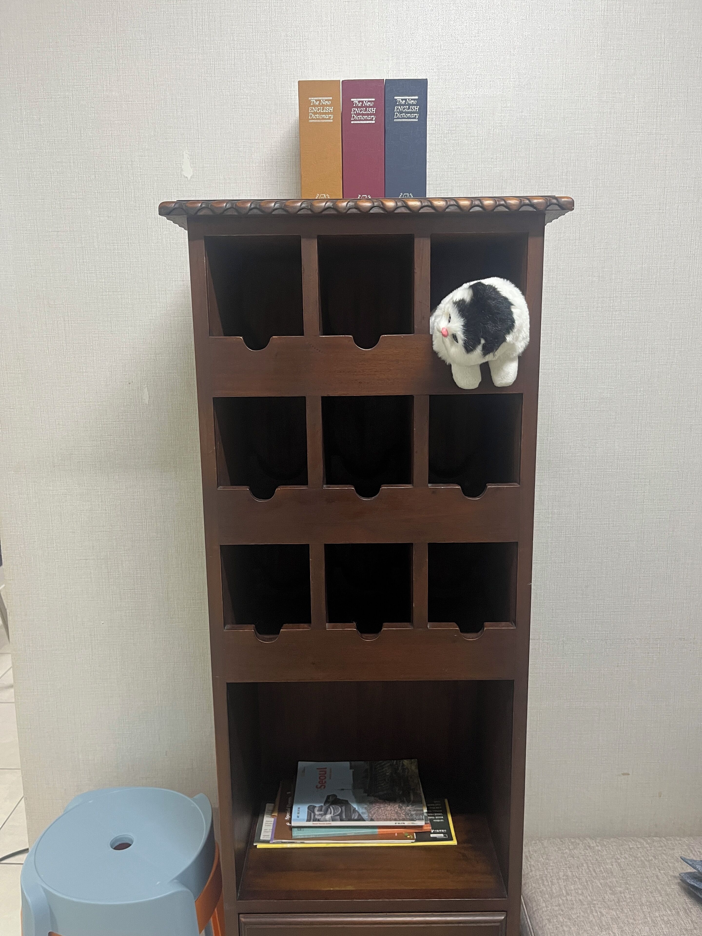 A wooden bookshelf with three books titled 'The New English Dictionary' and a small black and white cat sitting on the top shelf.