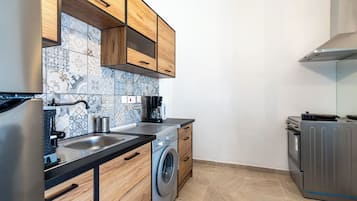 Apartament, 2 dormitoris, cuina, vistes a la ciutat | Cuina privada | Frigorífic gran, microones, forn i placa de cuina