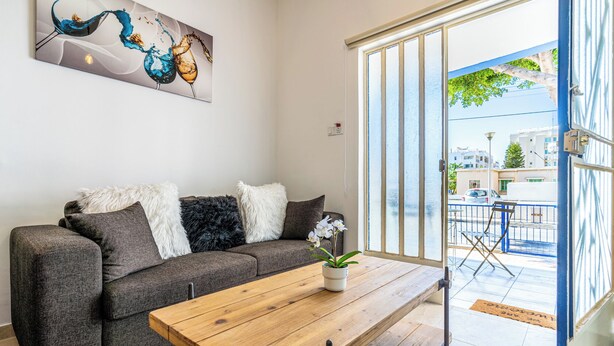 A modern living room with a grey sofa, white and black cushions, a wooden coffee table, and a potted orchid. - Nala - 2 Bedroom Apt & Patio in Larnaca (Larnaca)