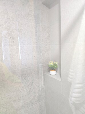 Douche, sèche-cheveux, serviettes fournies, savon