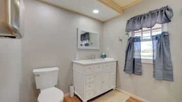 Een badkamer met toilet, wit wastafelmeubel, spiegel en raam met gordijnen.