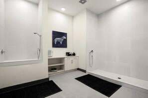 Hair dryer, towels, soap, toilet paper