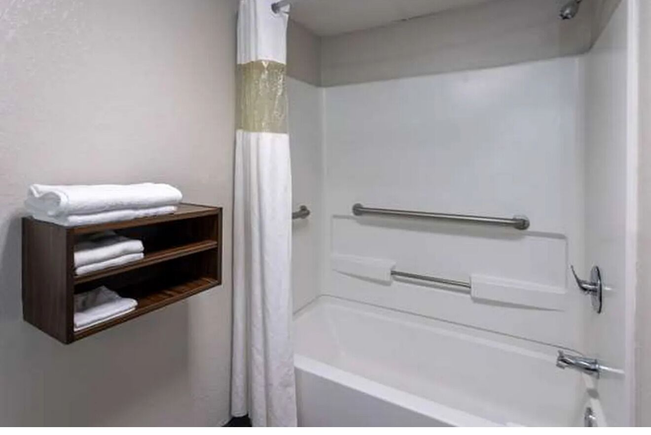 Separate tub and shower, hair dryer, towels, soap