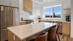 A modern kitchen with stainless steel appliances, a large island, and a view of mountains through the window.