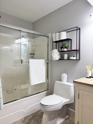 Hair dryer, towels, soap, toilet paper