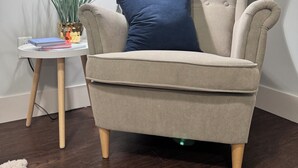 A room with a beige armchair, a small side table with a plant and books, and a floor lamp.