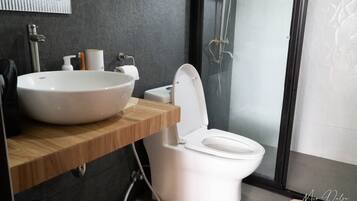 Shower, bidet, towels, soap