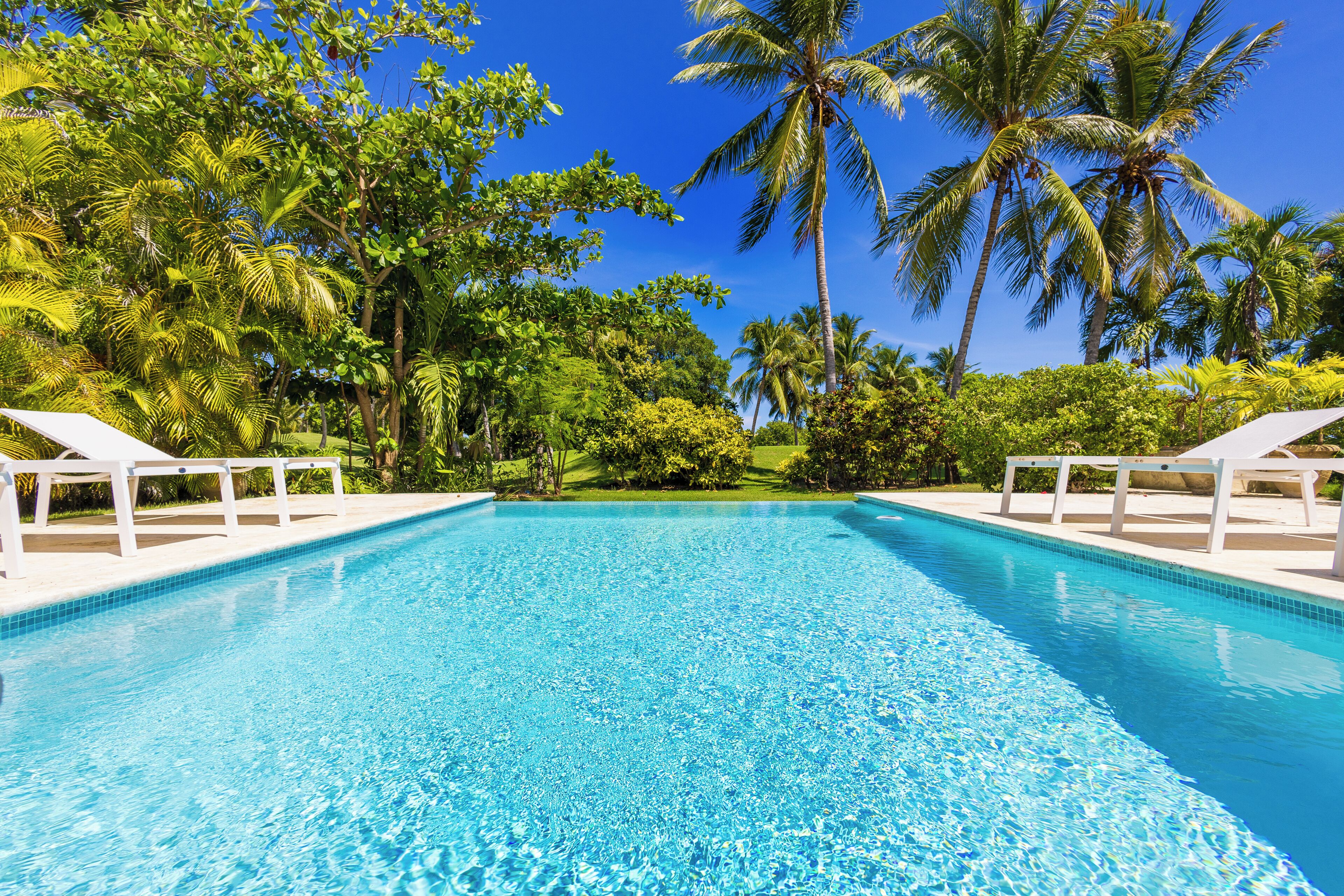 A clear blue pool surrounded by lush greenery and white lounge chairs.