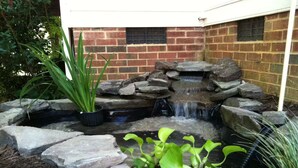 A small pond with a waterfall, surrounded by rocks and plants. - Cary garden home close to SAS, RDU & RTP (Cary)
