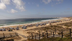Een strand met strandhuisjes, een houten looppad en de oceaan.