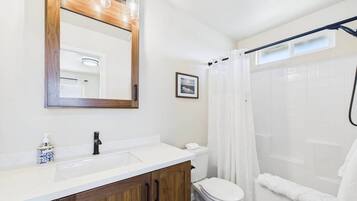Hair dryer, towels, soap, shampoo