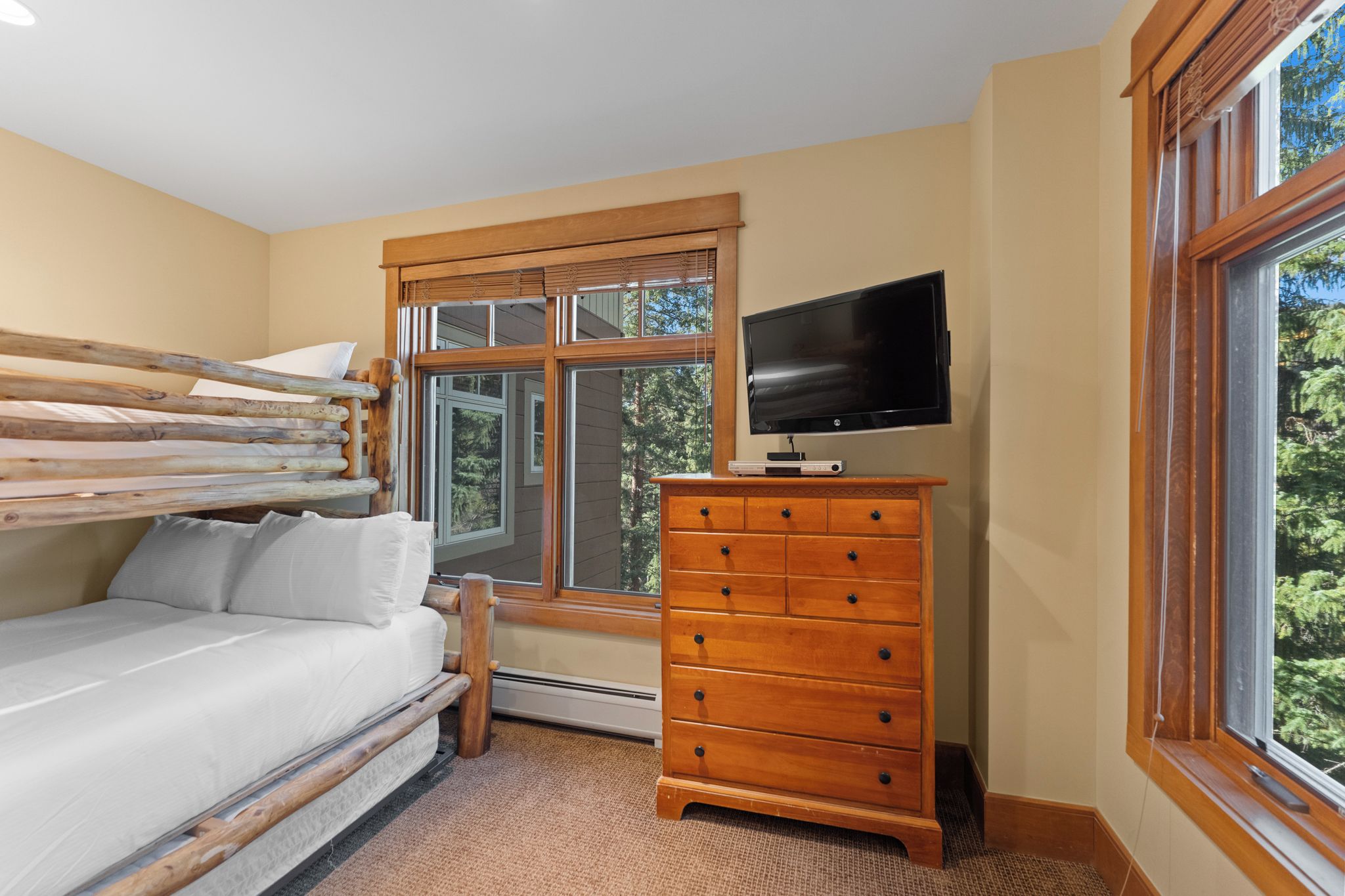 A bedroom with a bunk bed, a wooden dresser, a television, and a window with a view of trees.